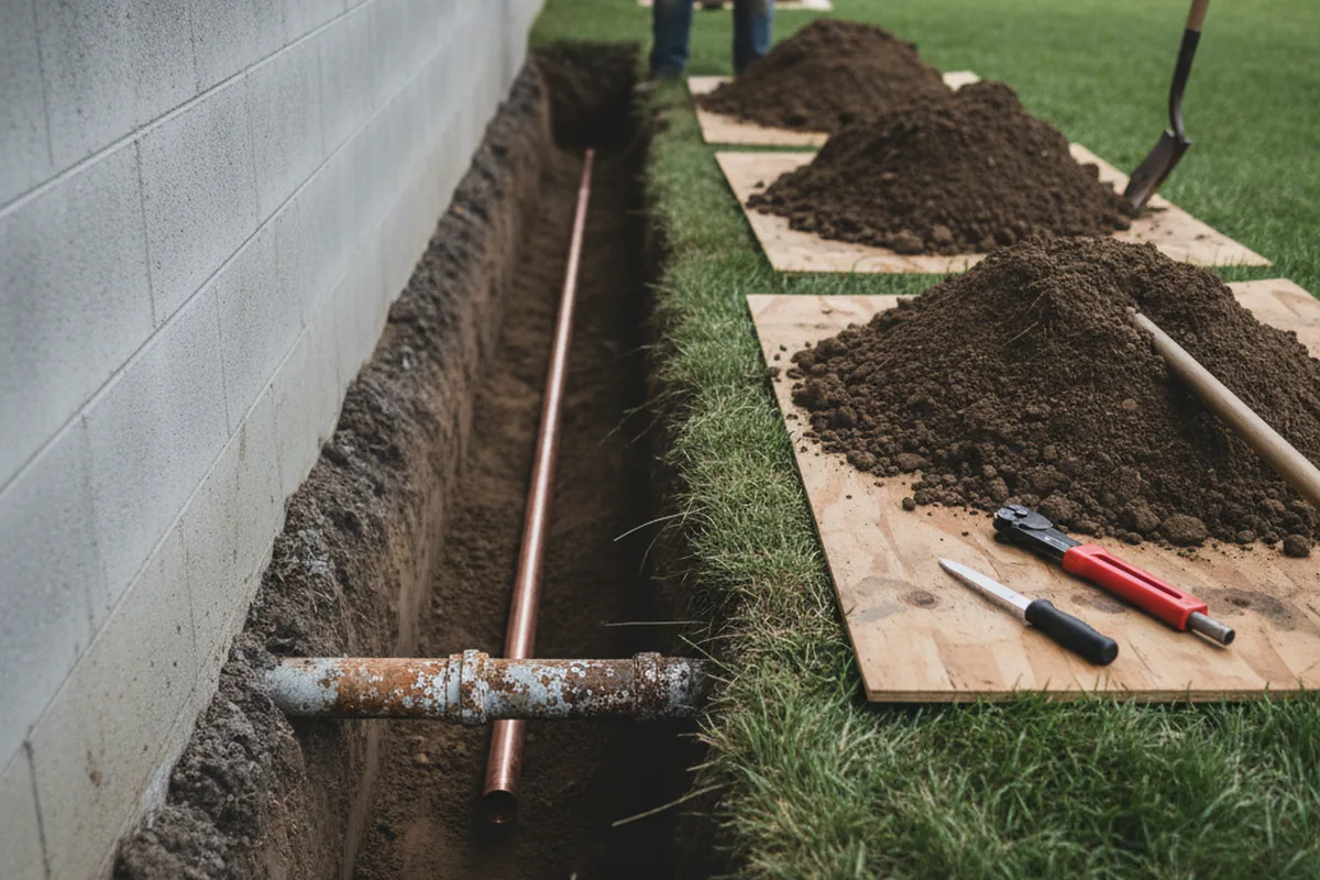 Excavated water line trench during Water Softener Installation in Conception Junction